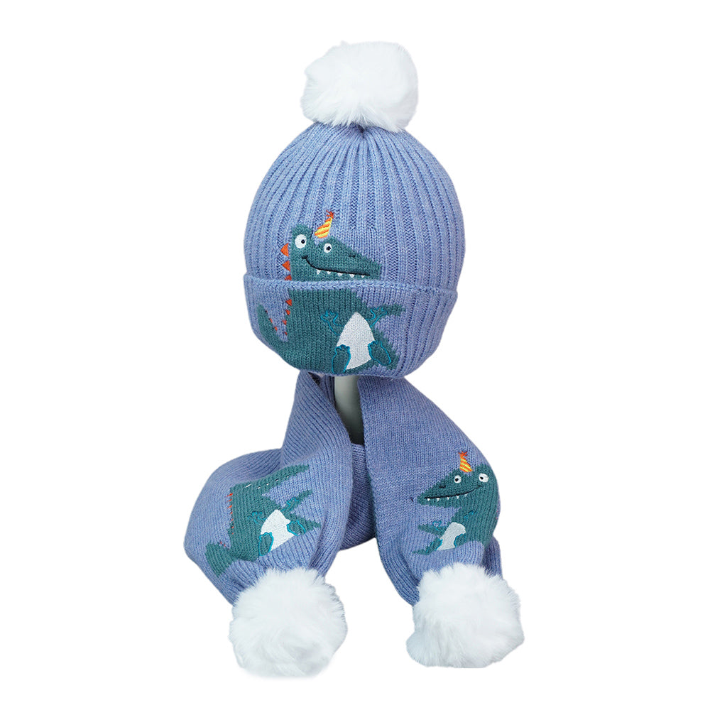 Little Surpise Box 2Pcs Blue Party Dino Themed Beanie Winter Cap With Matching Long Style Neck Mufflers For Kids