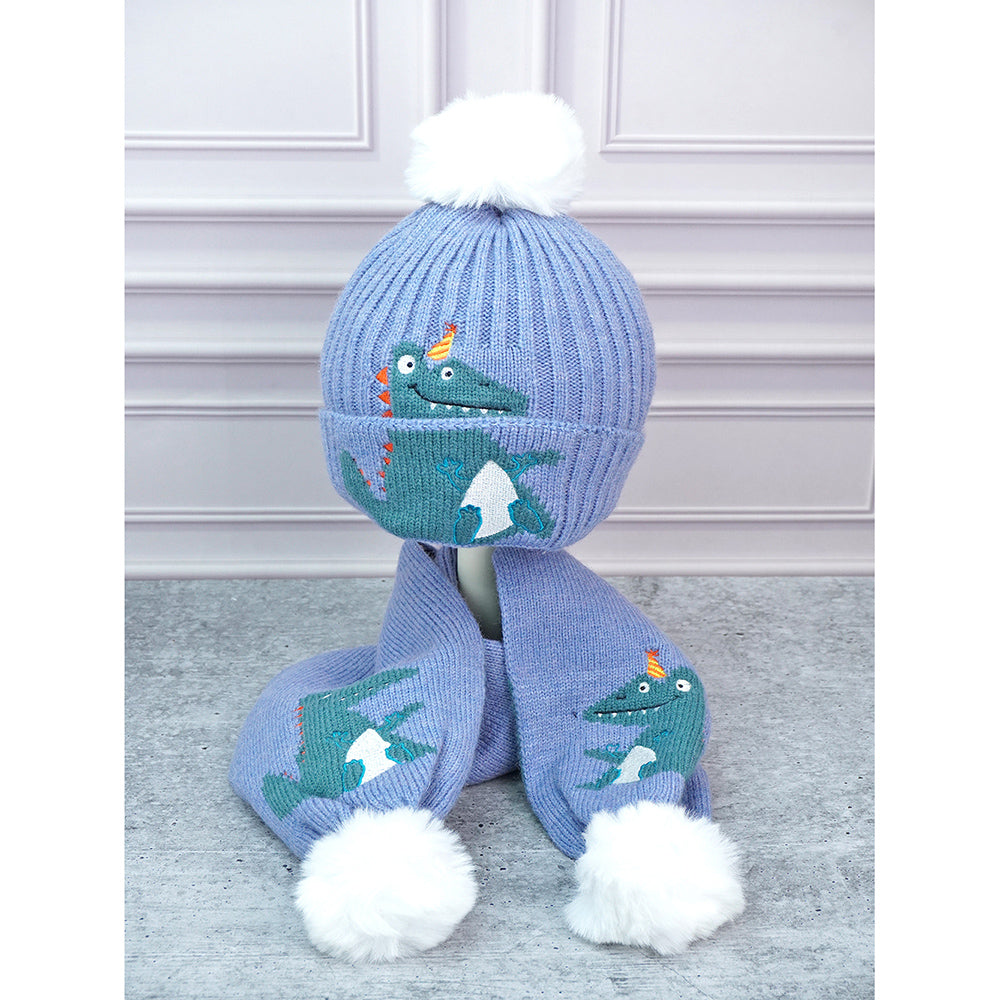 Little Surpise Box 2Pcs Blue Party Dino Themed Beanie Winter Cap With Matching Long Style Neck Mufflers For Kids