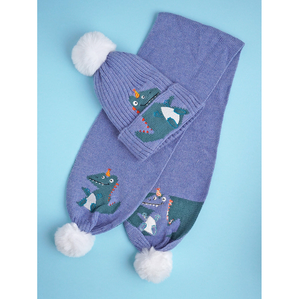 Little Surpise Box 2Pcs Blue Party Dino Themed Beanie Winter Cap With Matching Long Style Neck Mufflers For Kids