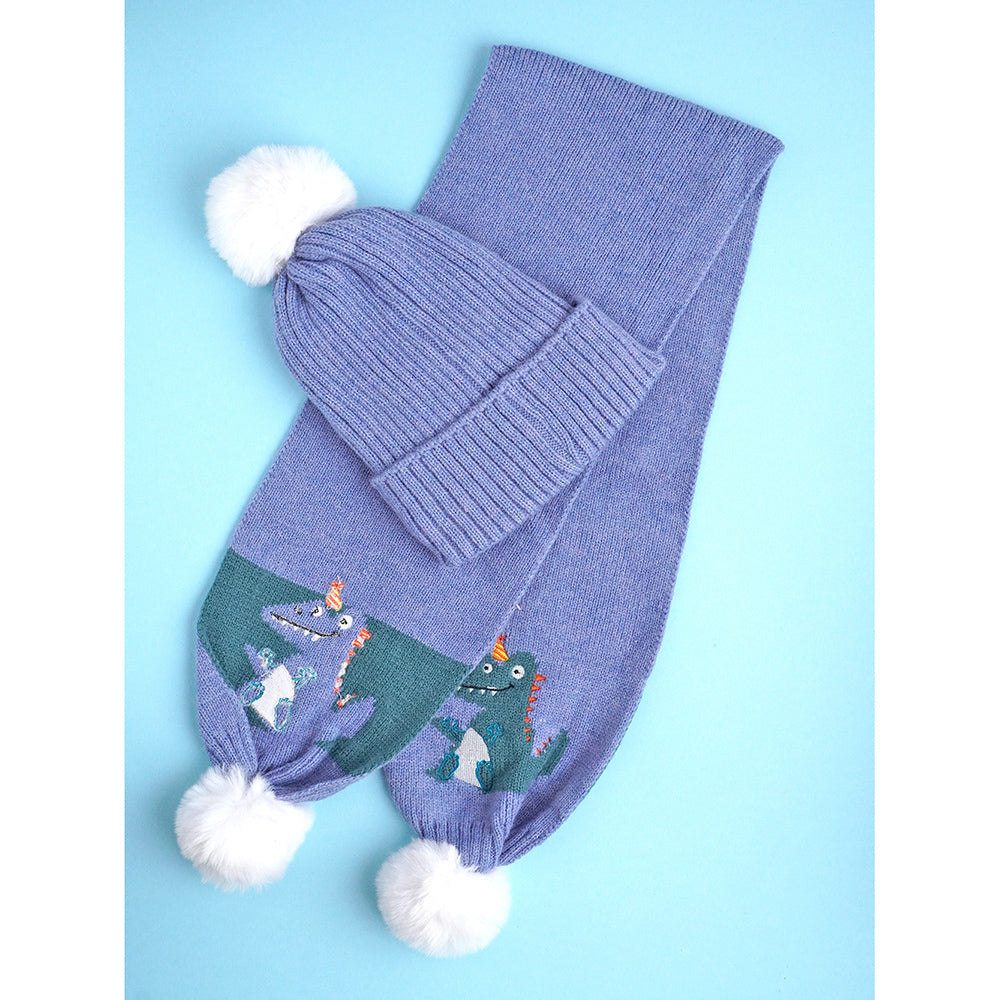 Little Surpise Box 2Pcs Blue Party Dino Themed Beanie Winter Cap With Matching Long Style Neck Mufflers For Kids