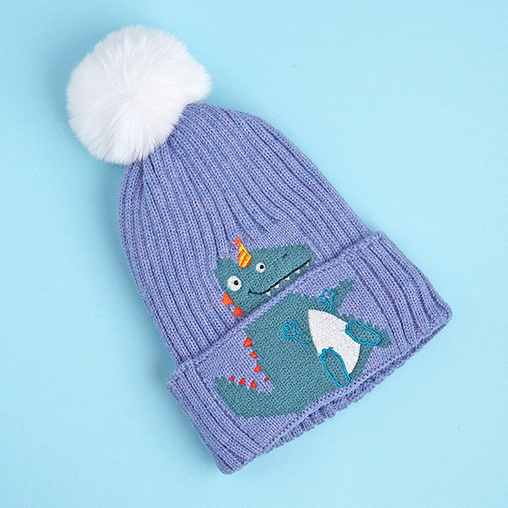 Little Surpise Box 2Pcs Blue Party Dino Themed Beanie Winter Cap With Matching Long Style Neck Mufflers For Kids