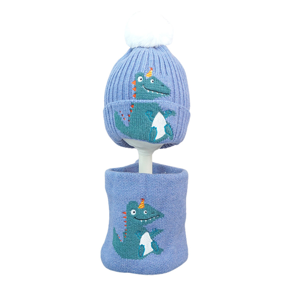 Little Surpise Box 2Pcs Themed Blue Party Dino Themed Beanie Winter Cap With Matching Neck Cuff Style Muffler For Kids