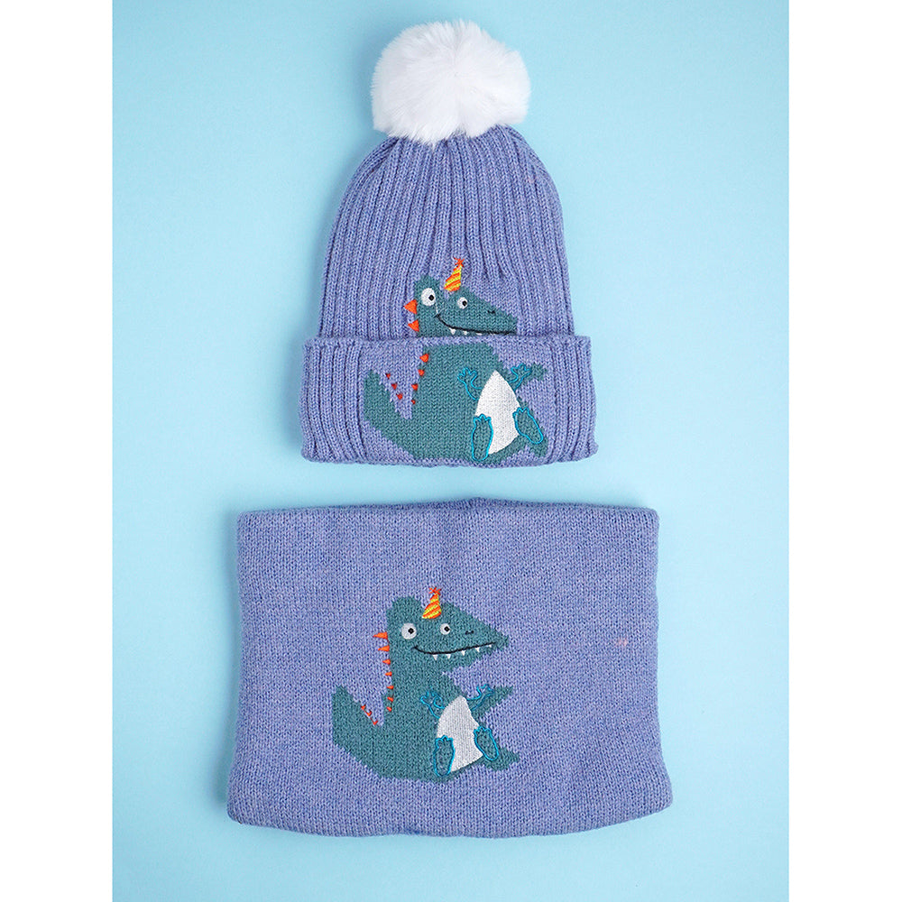 Little Surpise Box 2Pcs Themed Blue Party Dino Themed Beanie Winter Cap With Matching Neck Cuff Style Muffler For Kids