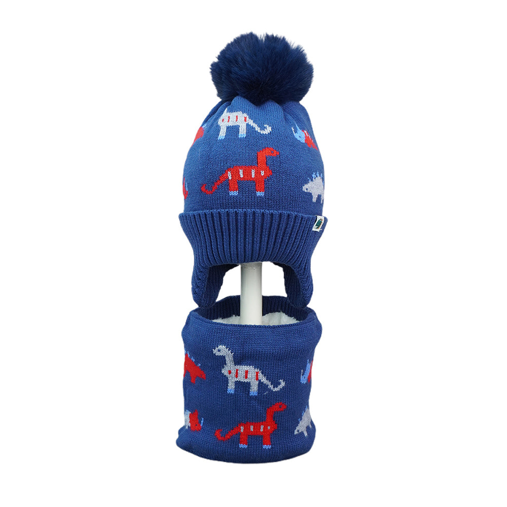 Little Surpise Box 2Pcs Blue & Red Dino Themed Beanie Winter Cap With Matching Neck Cuff Style Muffler For Kids