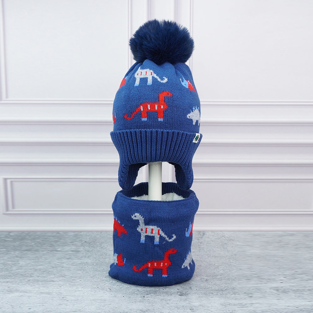 Little Surpise Box 2Pcs Blue & Red Dino Themed Beanie Winter Cap With Matching Neck Cuff Style Muffler For Kids