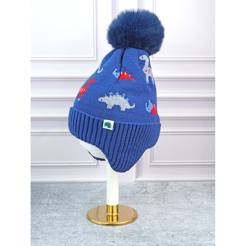 Little Surpise Box 2Pcs Blue & Red Dino Themed Beanie Winter Cap With Matching Neck Cuff Style Muffler For Kids