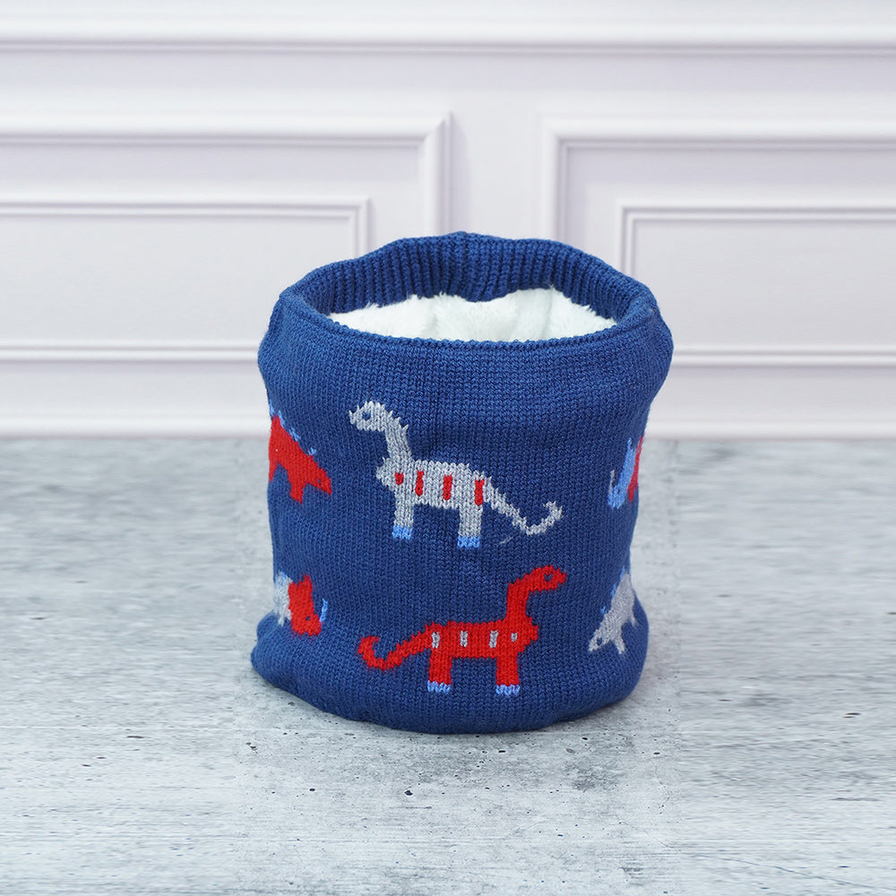 Little Surpise Box 2Pcs Blue & Red Dino Themed Beanie Winter Cap With Matching Neck Cuff Style Muffler For Kids