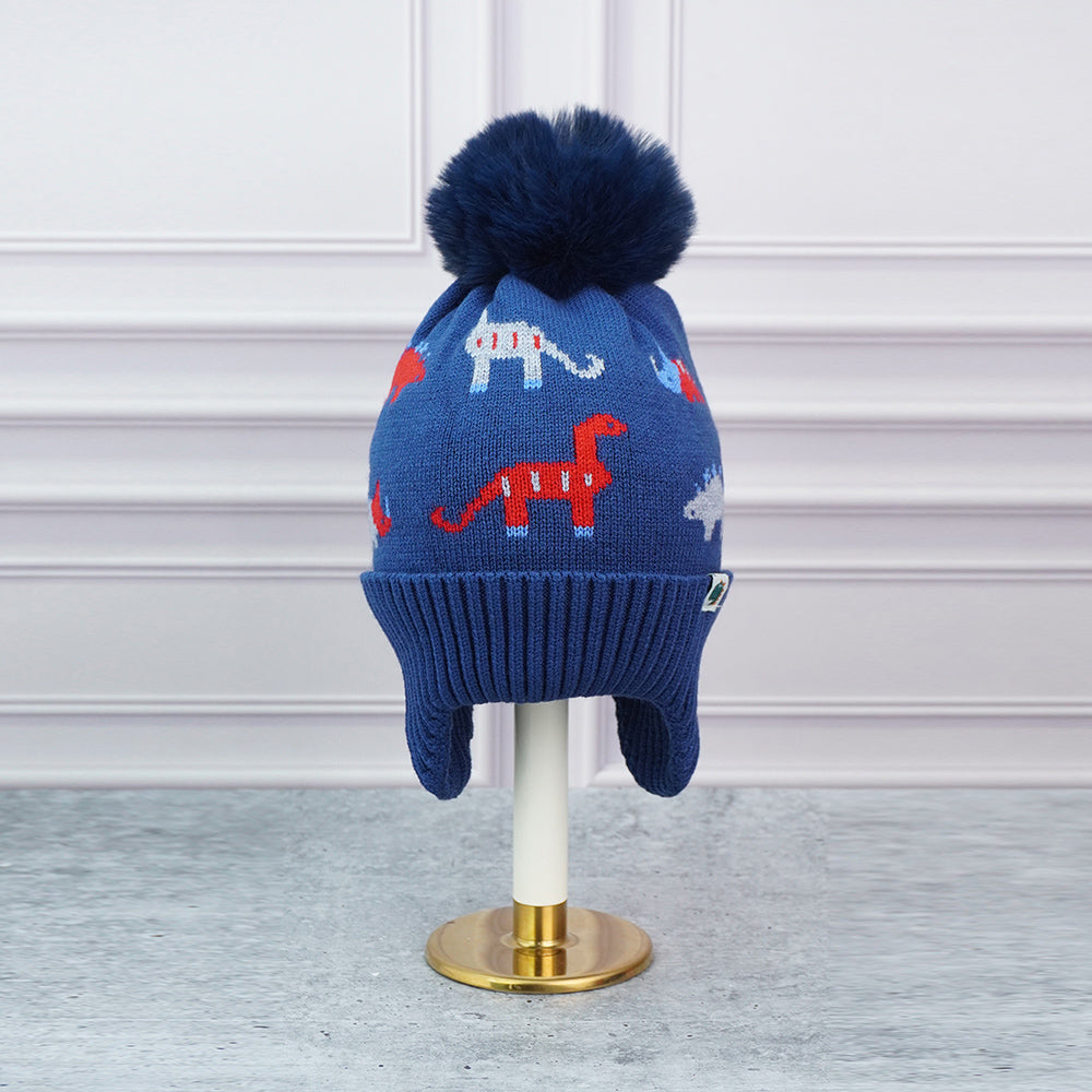 Little Surpise Box 2Pcs Blue & Red Dino Themed Beanie Winter Cap With Matching Neck Cuff Style Muffler For Kids