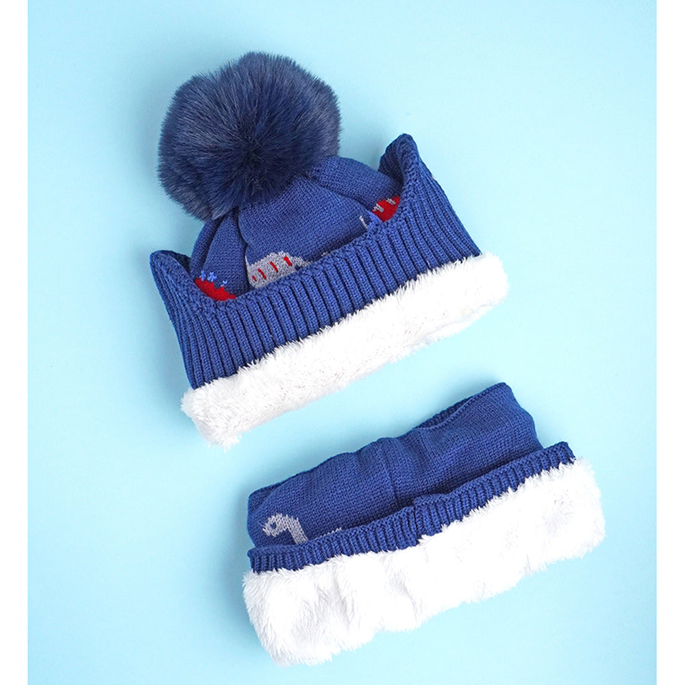 Little Surpise Box 2Pcs Blue & Red Dino Themed Beanie Winter Cap With Matching Neck Cuff Style Muffler For Kids