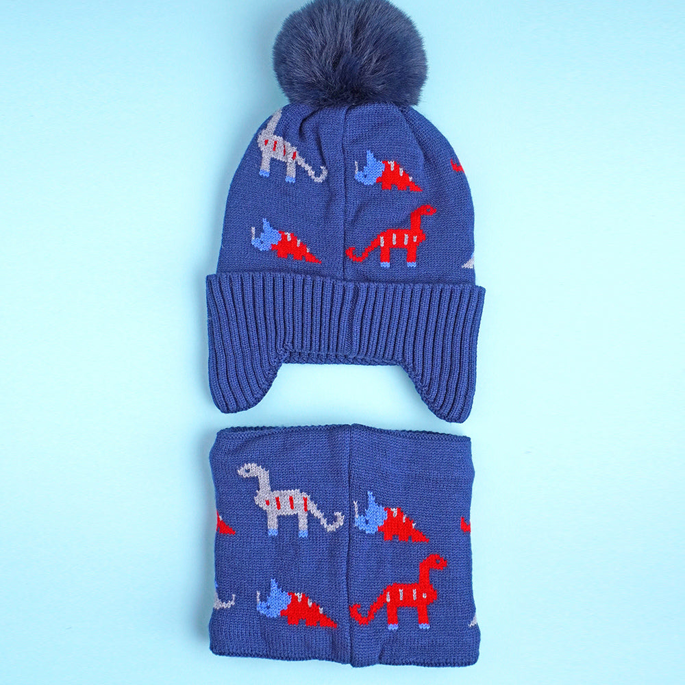 Little Surpise Box 2Pcs Blue & Red Dino Themed Beanie Winter Cap With Matching Neck Cuff Style Muffler For Kids