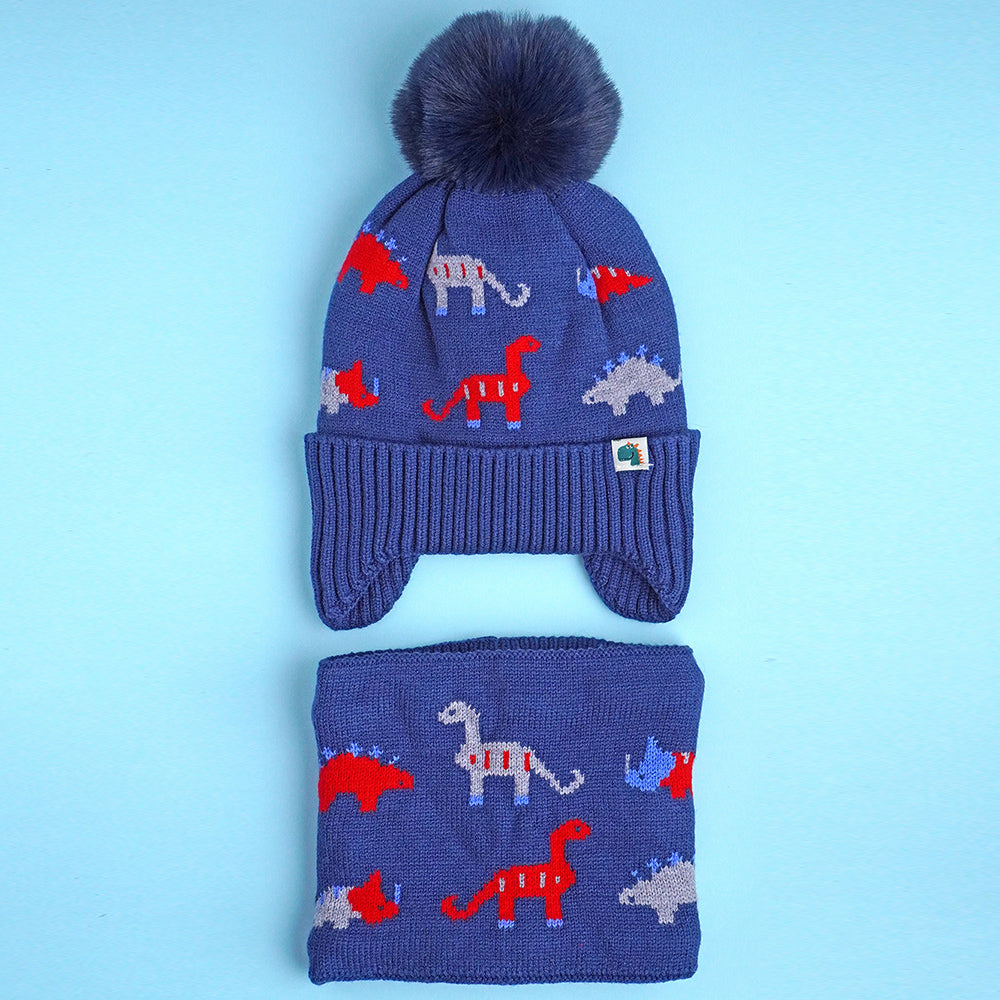 Little Surpise Box 2Pcs Blue & Red Dino Themed Beanie Winter Cap With Matching Neck Cuff Style Muffler For Kids