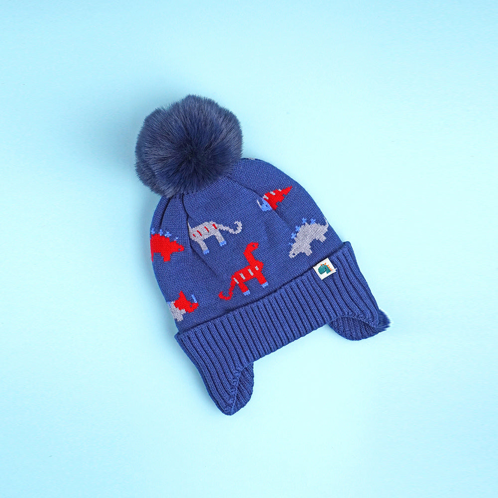 Little Surpise Box 2Pcs Blue & Red Dino Themed Beanie Winter Cap With Matching Neck Cuff Style Muffler For Kids