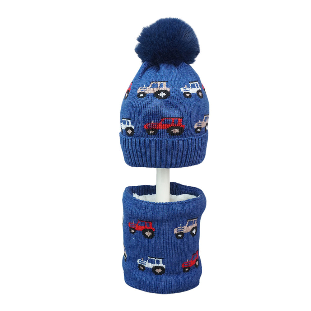 Little Surpise Box 2Pcs Dark Navy Cars Themed Beanie Winter Cap With Matching Neck Cuff Style Muffler For Kids