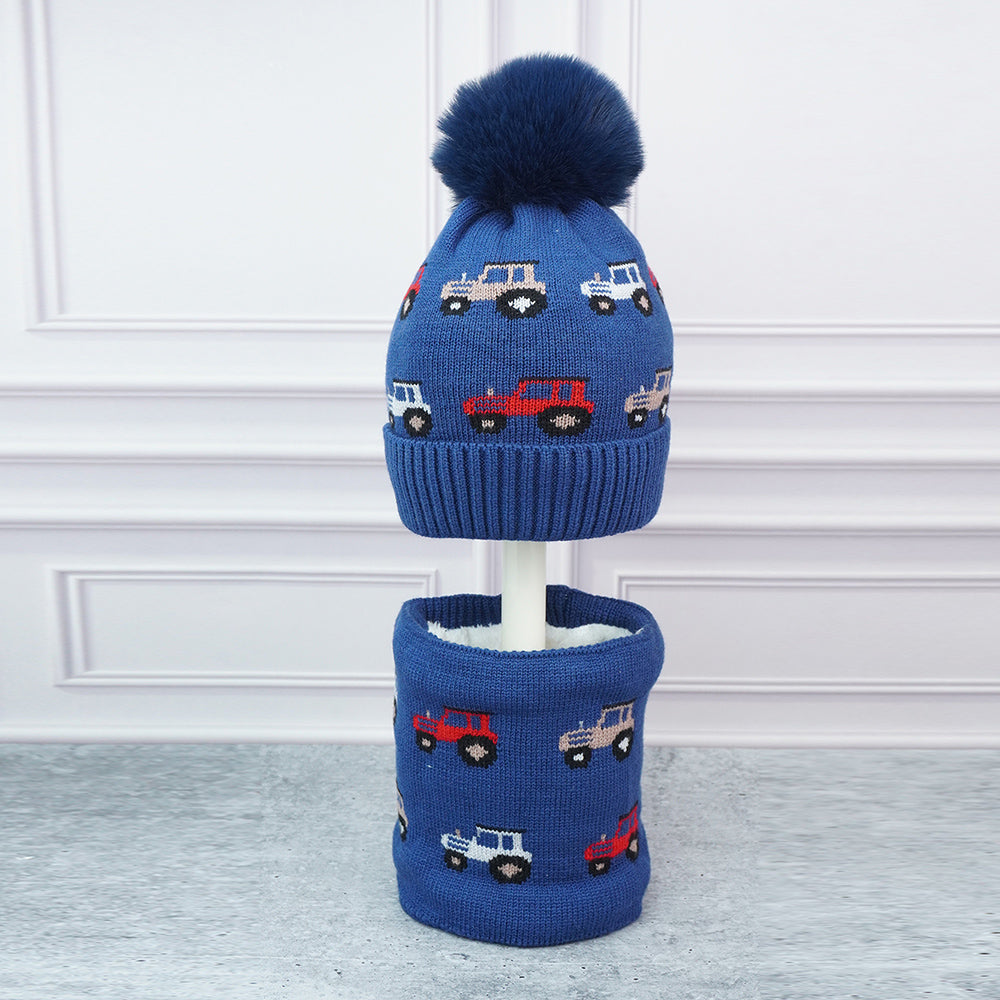 Little Surpise Box 2Pcs Dark Navy Cars Themed Beanie Winter Cap With Matching Neck Cuff Style Muffler For Kids