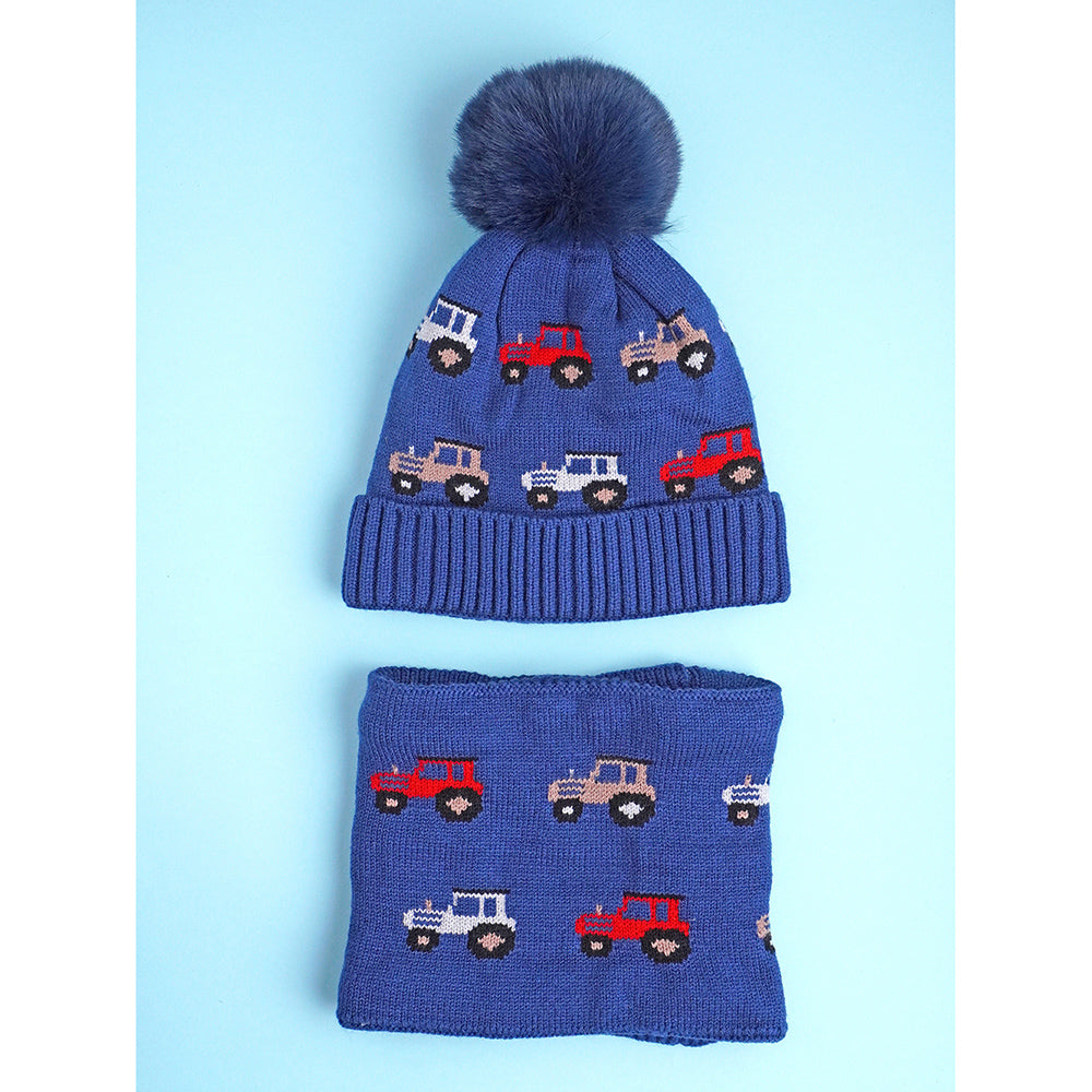 Little Surpise Box 2Pcs Dark Navy Cars Themed Beanie Winter Cap With Matching Neck Cuff Style Muffler For Kids