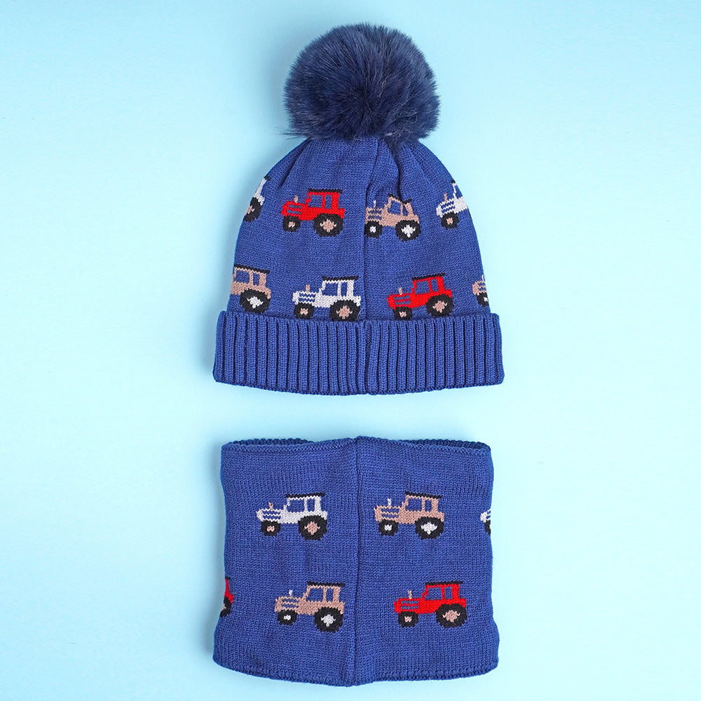 Little Surpise Box 2Pcs Dark Navy Cars Themed Beanie Winter Cap With Matching Neck Cuff Style Muffler For Kids