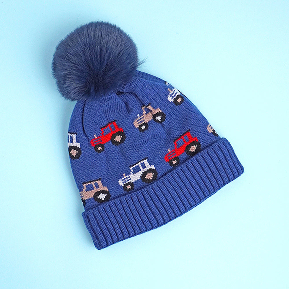 Little Surpise Box 2Pcs Dark Navy Cars Themed Beanie Winter Cap With Matching Neck Cuff Style Muffler For Kids