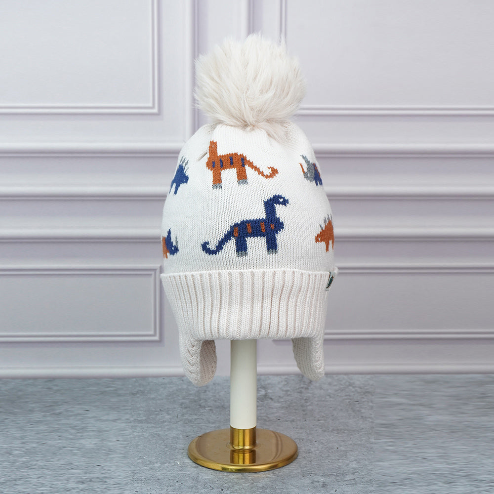 Little Surpise Box 2Pcs Cream Dino Themed Beanie Winter Cap With Matching Neck Cuff Style Muffler For Kids