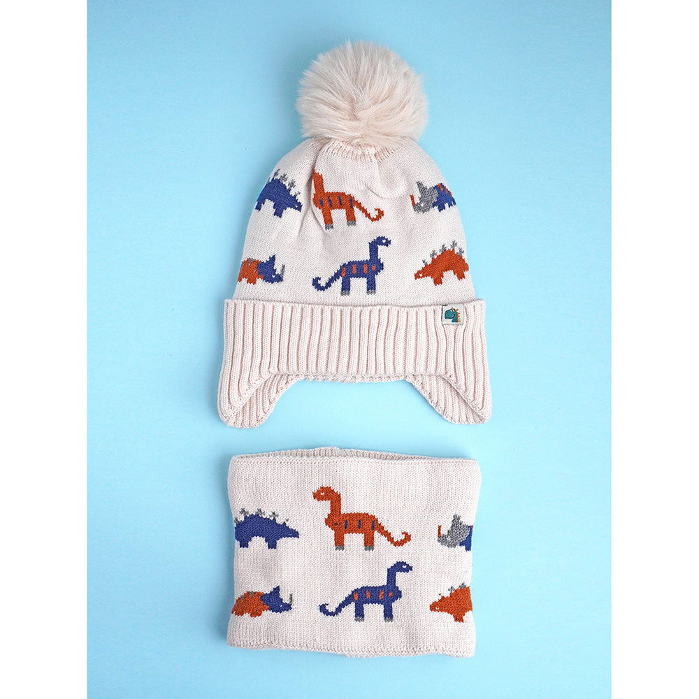 Little Surpise Box 2Pcs Cream Dino Themed Beanie Winter Cap With Matching Neck Cuff Style Muffler For Kids