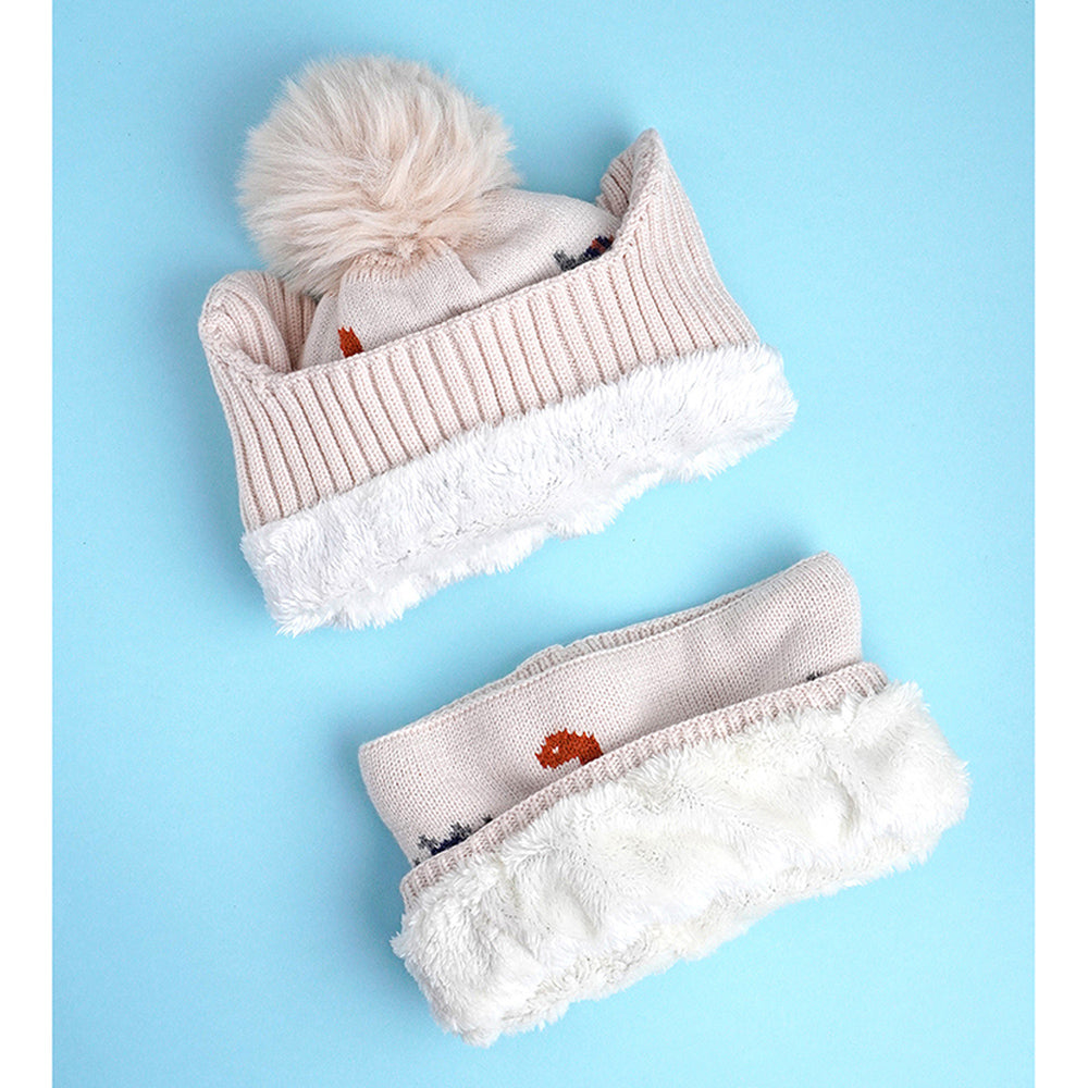 Little Surpise Box 2Pcs Cream Dino Themed Beanie Winter Cap With Matching Neck Cuff Style Muffler For Kids