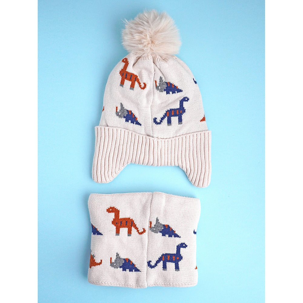 Little Surpise Box 2Pcs Cream Dino Themed Beanie Winter Cap With Matching Neck Cuff Style Muffler For Kids