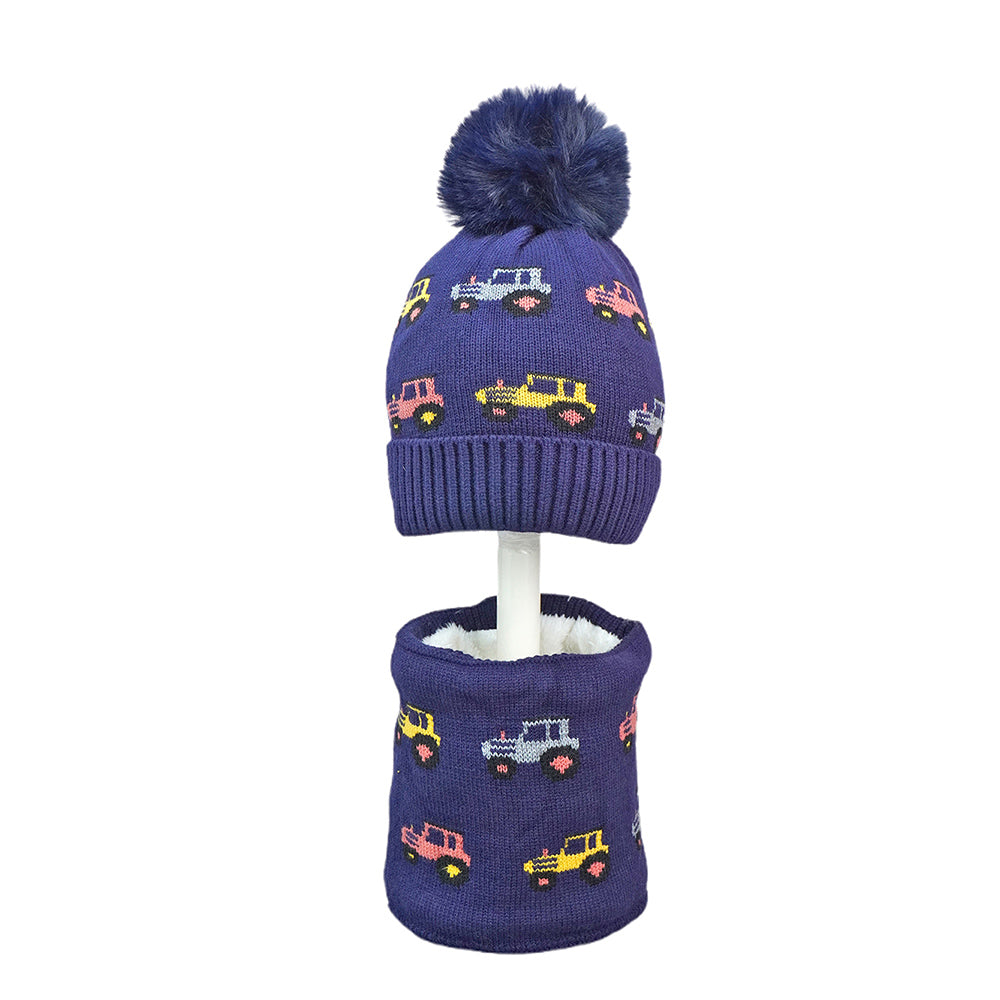 Little Surpise Box 2Pcs Blue Red Cars Themed Beanie Winter Cap With Matching Neck Cuff Style Muffler For Kids