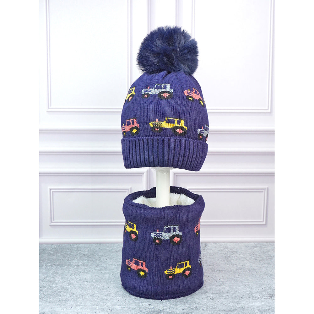 Little Surpise Box 2Pcs Blue Red Cars Themed Beanie Winter Cap With Matching Neck Cuff Style Muffler For Kids