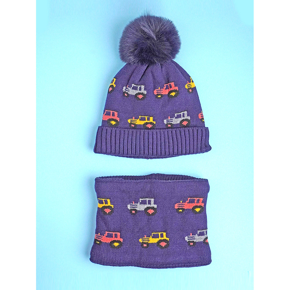 Little Surpise Box 2Pcs Blue Red Cars Themed Beanie Winter Cap With Matching Neck Cuff Style Muffler For Kids