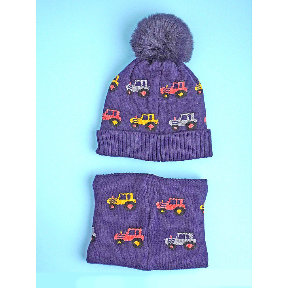 Little Surpise Box 2Pcs Blue Red Cars Themed Beanie Winter Cap With Matching Neck Cuff Style Muffler For Kids