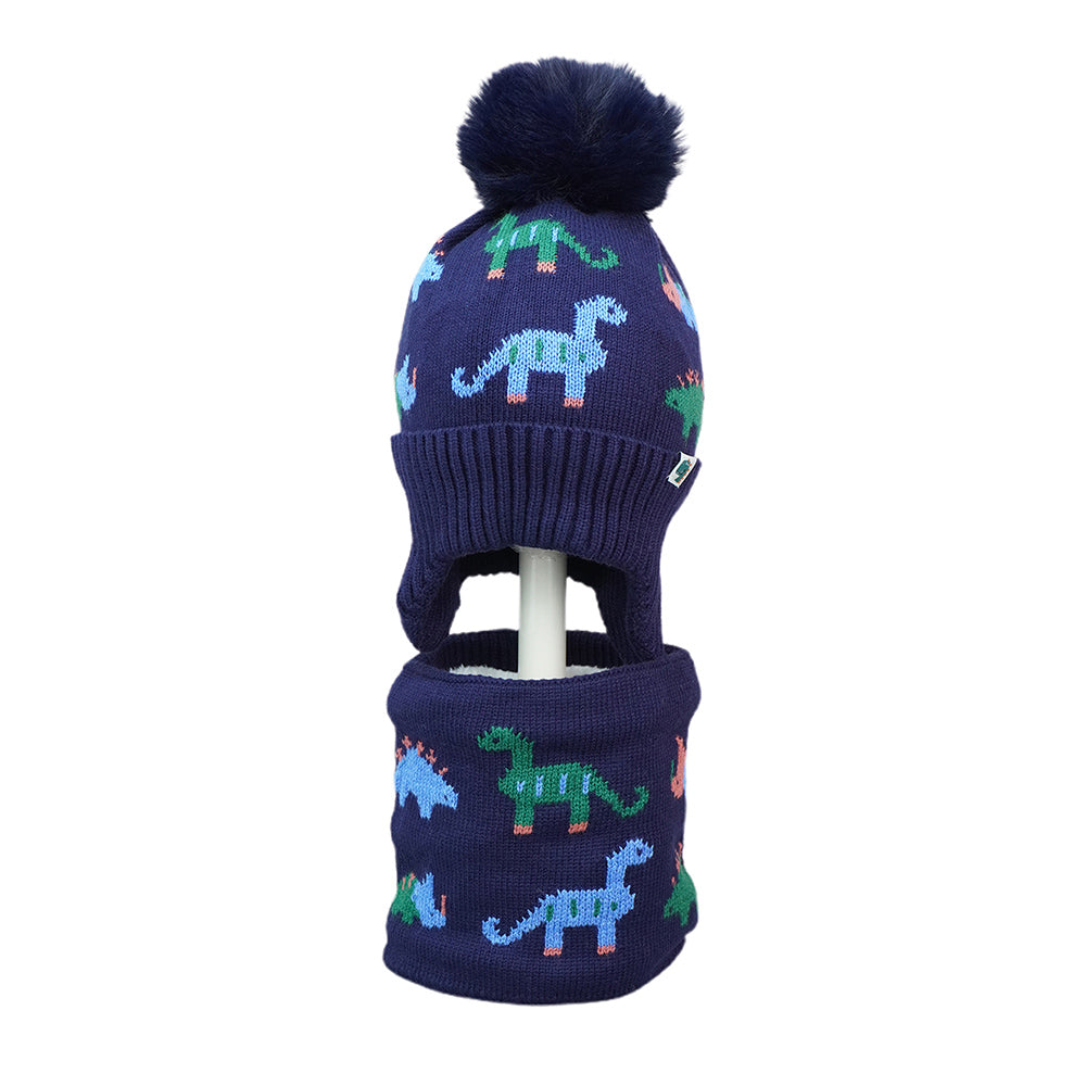 Little Surpise Box 2Pcs Dark Navy Dino Themed Beanie Winter Cap With Matching Neck Cuff Style Muffler For Kids