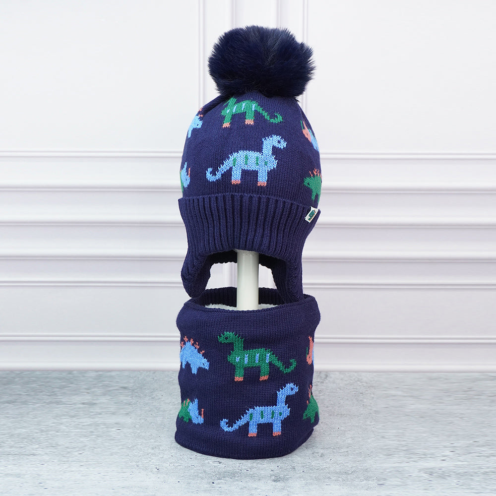 Little Surpise Box 2Pcs Dark Navy Dino Themed Beanie Winter Cap With Matching Neck Cuff Style Muffler For Kids