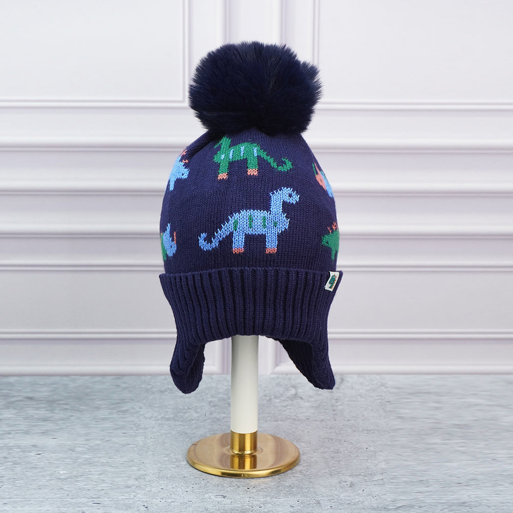 Little Surpise Box 2Pcs Dark Navy Dino Themed Beanie Winter Cap With Matching Neck Cuff Style Muffler For Kids