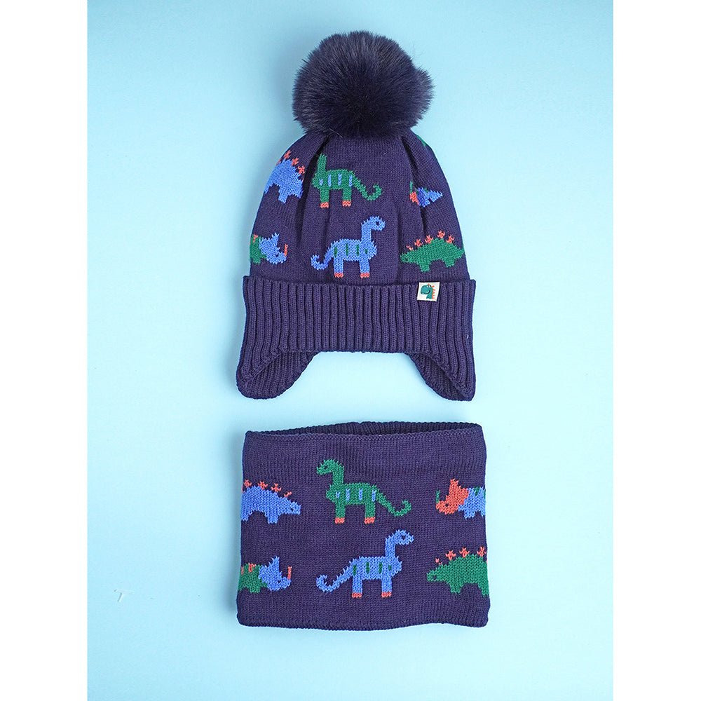 Little Surpise Box 2Pcs Dark Navy Dino Themed Beanie Winter Cap With Matching Neck Cuff Style Muffler For Kids