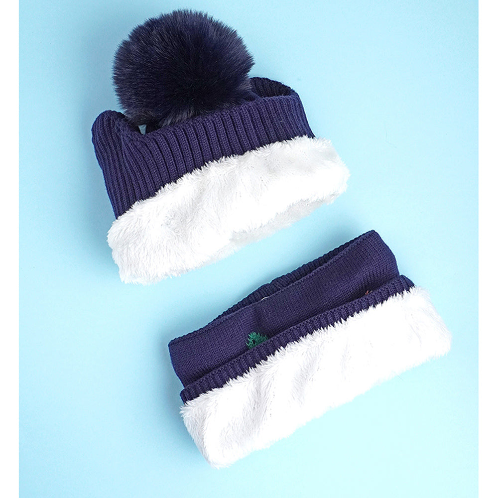 Little Surpise Box 2Pcs Dark Navy Dino Themed Beanie Winter Cap With Matching Neck Cuff Style Muffler For Kids