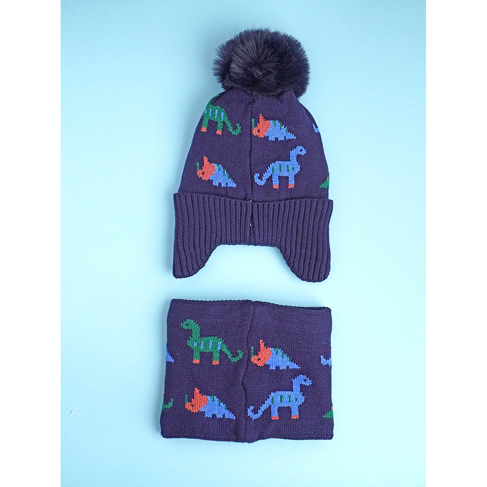 Little Surpise Box 2Pcs Dark Navy Dino Themed Beanie Winter Cap With Matching Neck Cuff Style Muffler For Kids