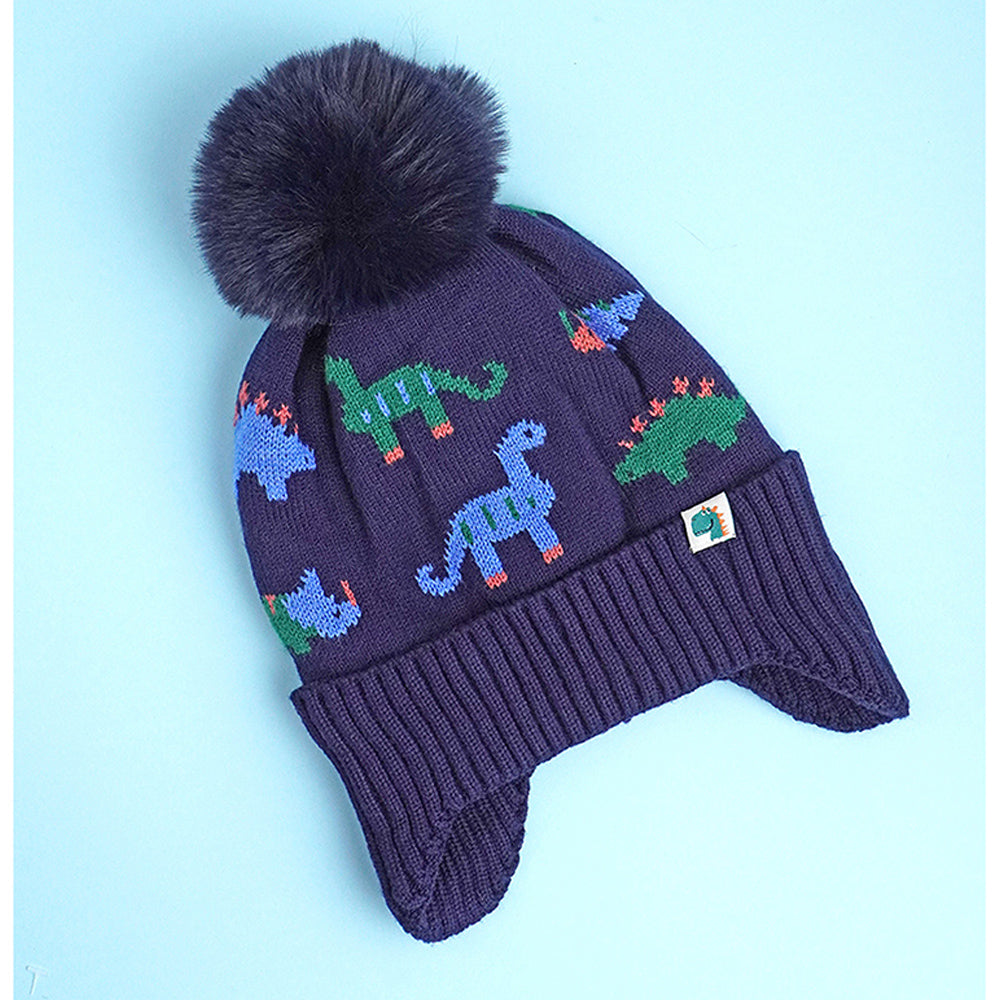 Little Surpise Box 2Pcs Dark Navy Dino Themed Beanie Winter Cap With Matching Neck Cuff Style Muffler For Kids