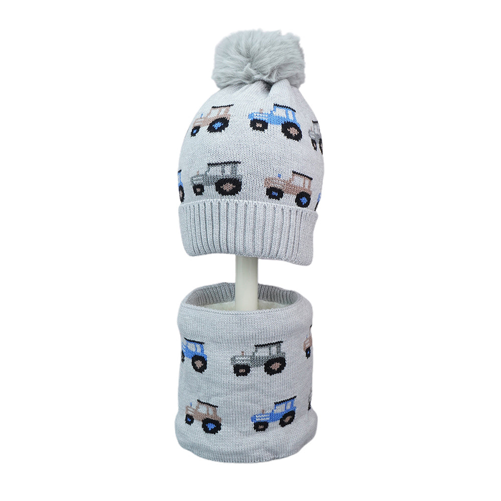 Little Surpise Box 2Pcs Grey Cars Themed Beanie Winter Cap With Matching Neck Cuff Style Muffler For Kids