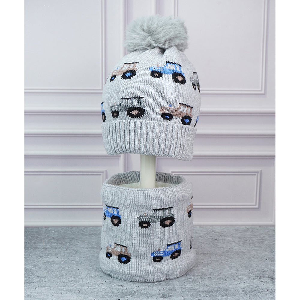 Little Surpise Box 2Pcs Grey Cars Themed Beanie Winter Cap With Matching Neck Cuff Style Muffler For Kids