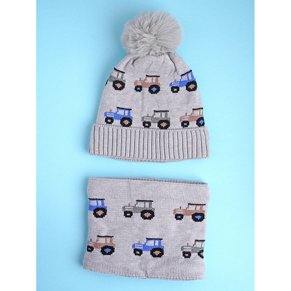 Little Surpise Box 2Pcs Grey Cars Themed Beanie Winter Cap With Matching Neck Cuff Style Muffler For Kids