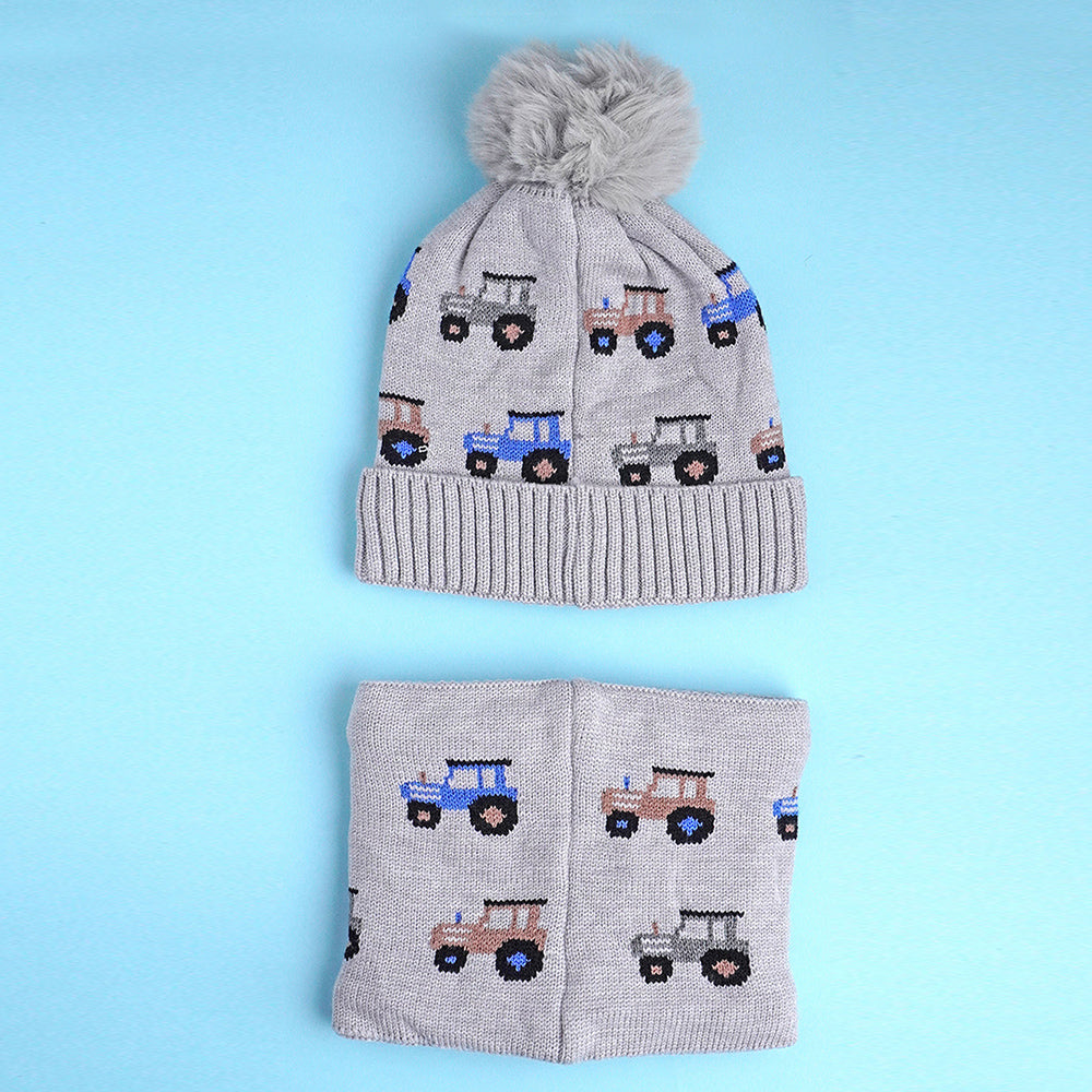 Little Surpise Box 2Pcs Grey Cars Themed Beanie Winter Cap With Matching Neck Cuff Style Muffler For Kids