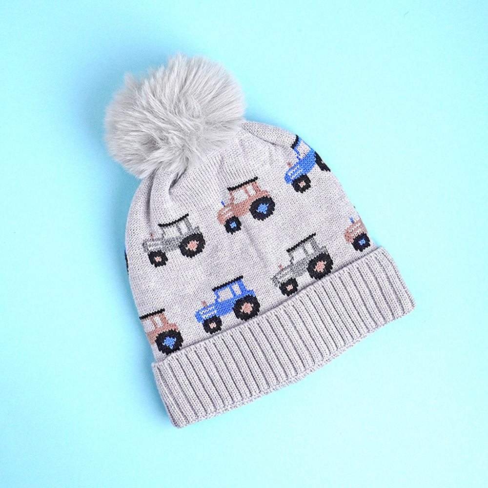 Little Surpise Box 2Pcs Grey Cars Themed Beanie Winter Cap With Matching Neck Cuff Style Muffler For Kids