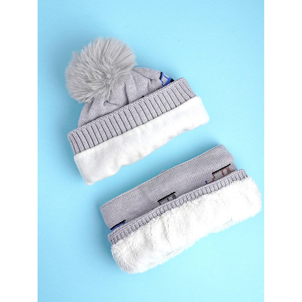 Little Surpise Box 2Pcs Grey Cars Themed Beanie Winter Cap With Matching Neck Cuff Style Muffler For Kids