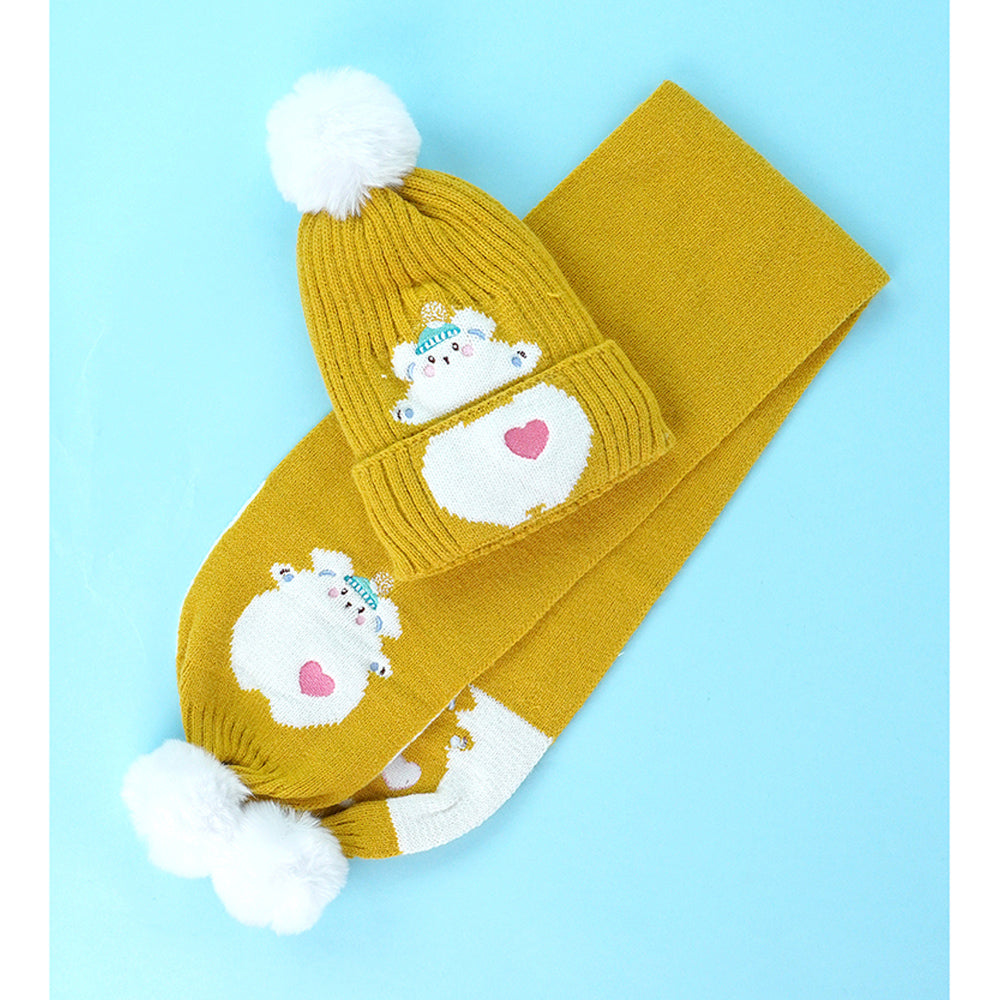 Little Surpise Box 2Pcs Occur White Bear Themed Beanie Winter Cap With Matching Long Style Neck Mufflers For Kids