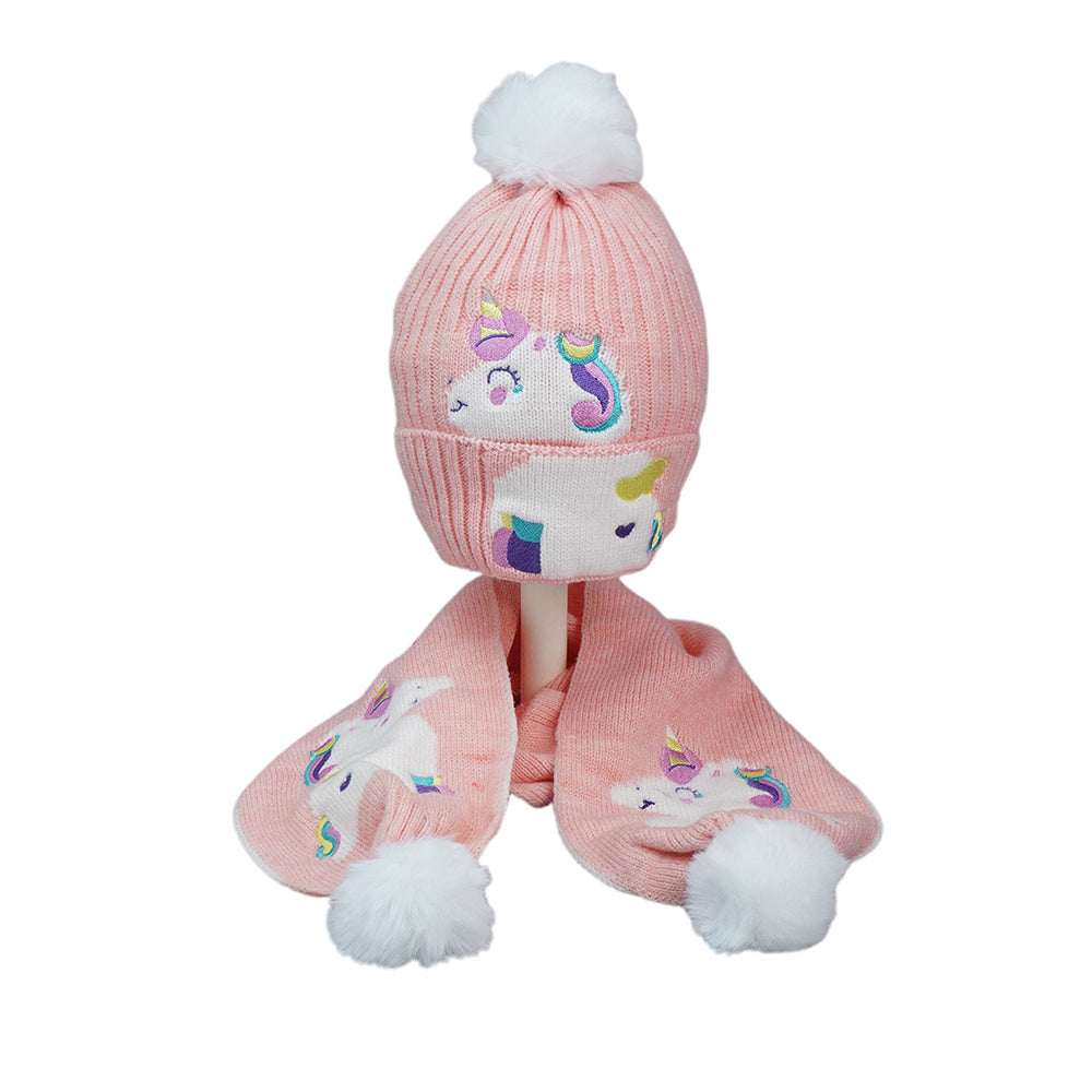 Little Surpise Box 2Pcs Peach Unicorn Themed Beanie Winter Cap With Matching Long Style Neck Muffler For Kids