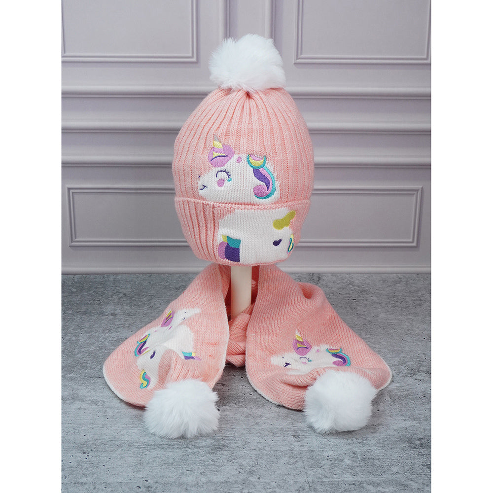 Little Surpise Box 2Pcs Peach Unicorn Themed Beanie Winter Cap With Matching Long Style Neck Muffler For Kids