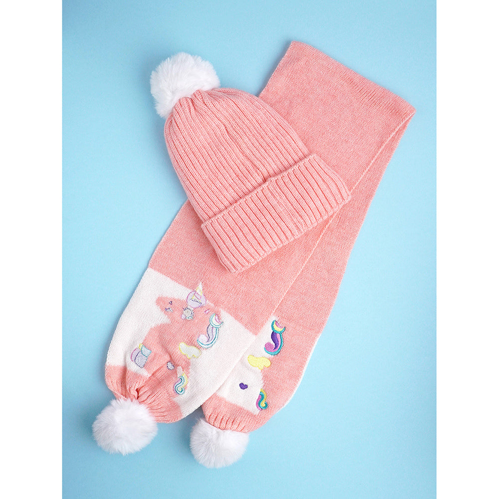 Little Surpise Box 2Pcs Peach Unicorn Themed Beanie Winter Cap With Matching Long Style Neck Muffler For Kids