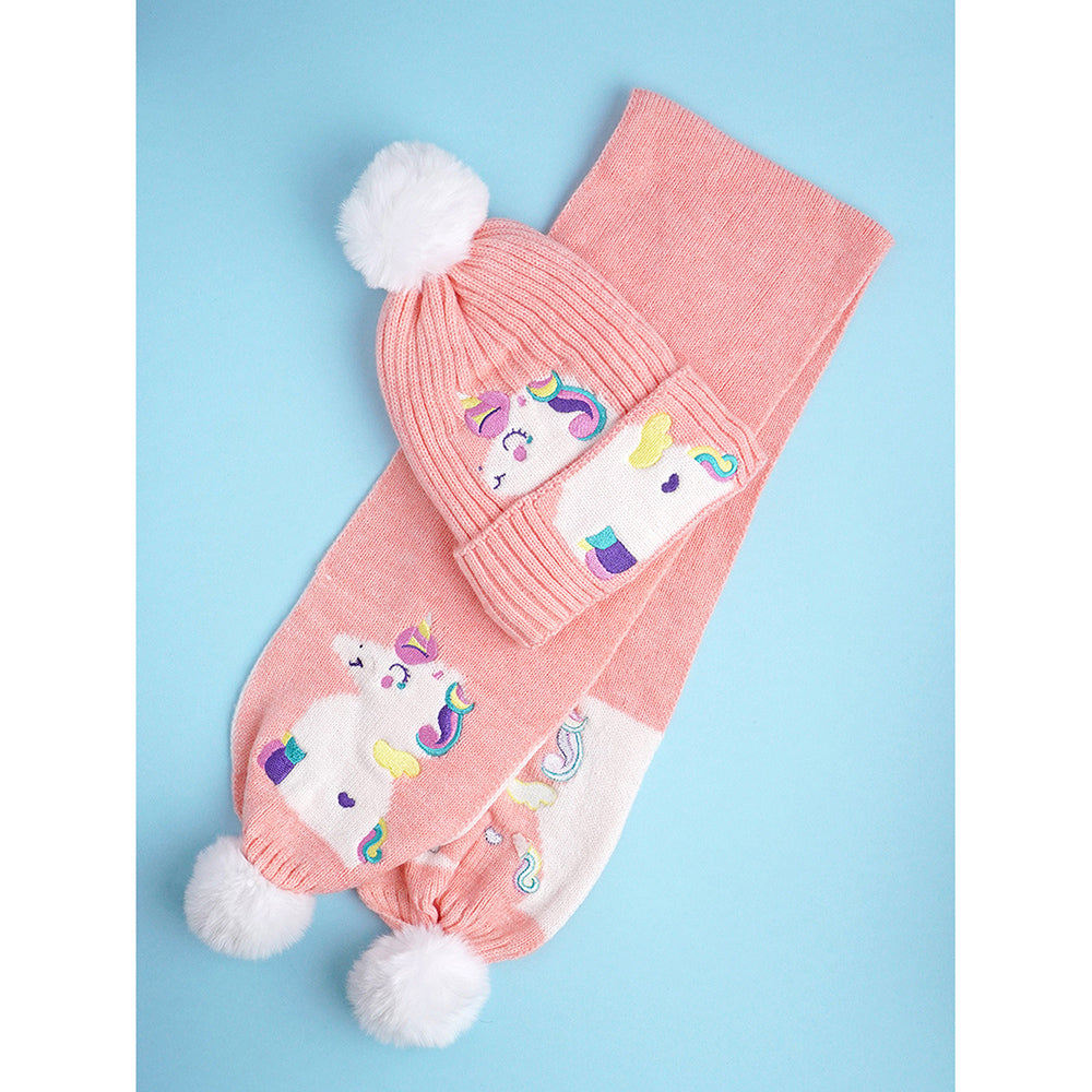 Little Surpise Box 2Pcs Peach Unicorn Themed Beanie Winter Cap With Matching Long Style Neck Muffler For Kids