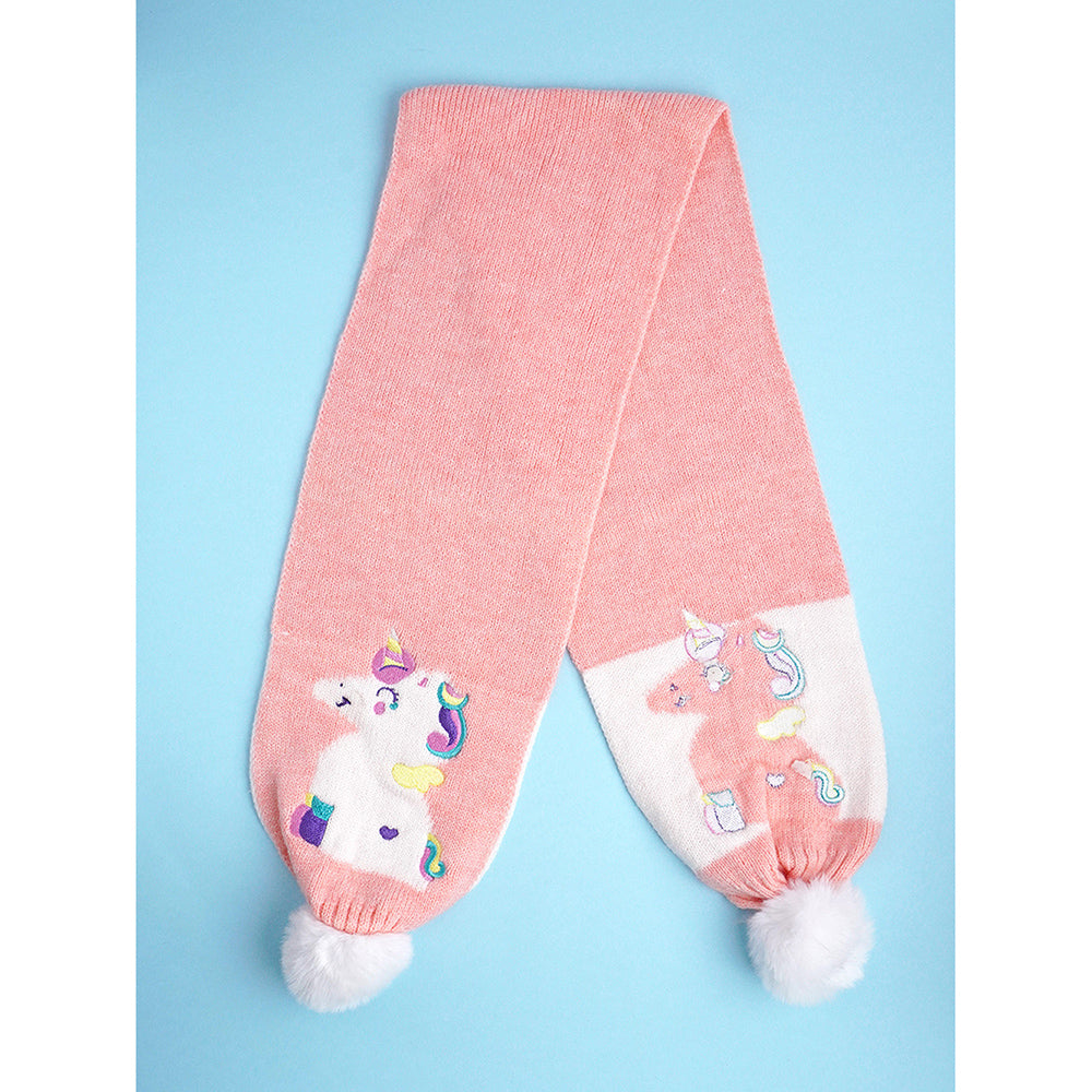 Little Surpise Box 2Pcs Peach Unicorn Themed Beanie Winter Cap With Matching Long Style Neck Muffler For Kids