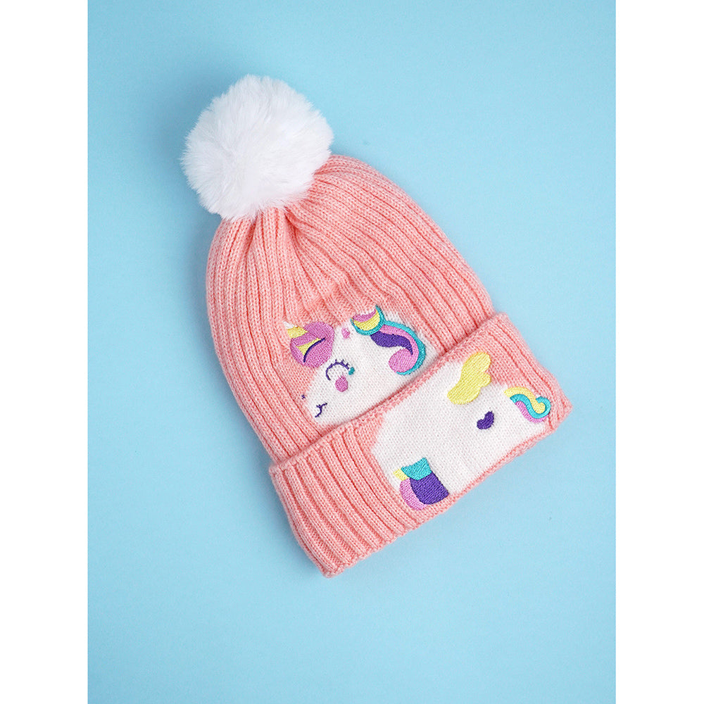 Little Surpise Box 2Pcs Peach Unicorn Themed Beanie Winter Cap With Matching Long Style Neck Muffler For Kids