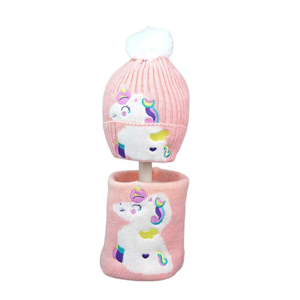 Little Surpise Box 2Pcs Peach Unicorn Themed Beanie Winter Cap With Matching Neck Cuff Style Muffler For Kids